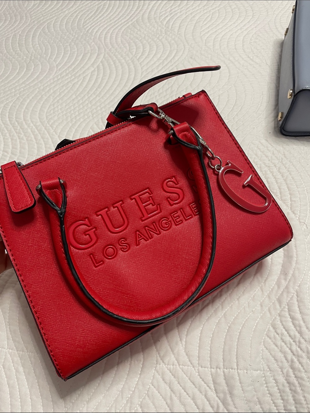 Guess Red Embossed Logo Satchel with Charm